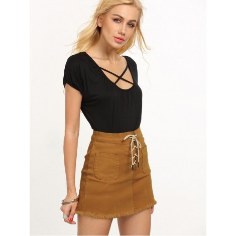 Lace-Up Fly Dual Pocket Raw Hem Skirt - Yellow