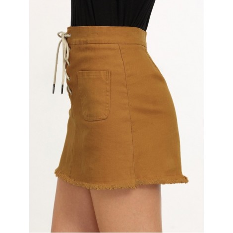 Lace-Up Fly Dual Pocket Raw Hem Skirt - Yellow