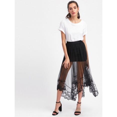 Hanky Hem Sheer Mesh Overlay Skirt