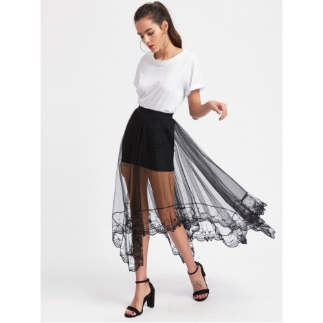 Hanky Hem Sheer Mesh Overlay Skirt