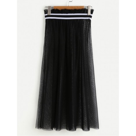 Contrast Tape Frill Waist Mesh Skirt