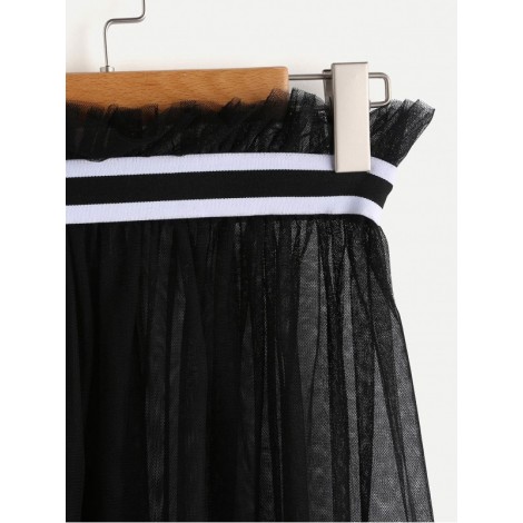 Contrast Tape Frill Waist Mesh Skirt