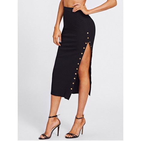 Studs High Slit Ribbed Skirt