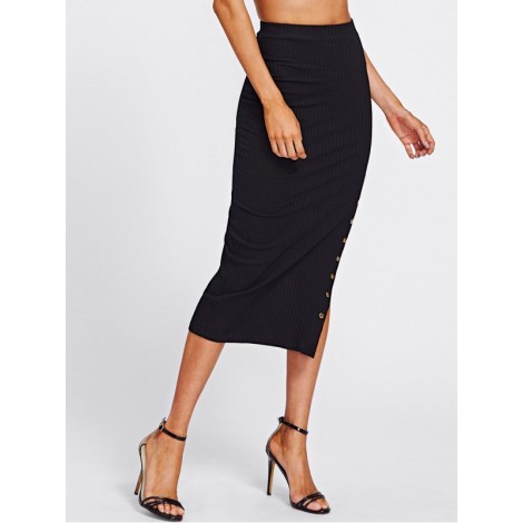 Studs High Slit Ribbed Skirt