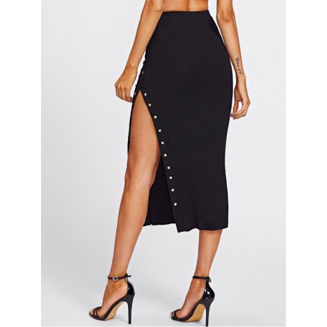 Studs High Slit Ribbed Skirt