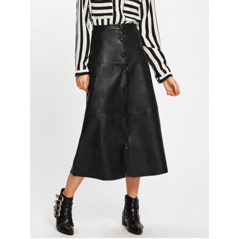 Button Up PU Midi Skirt