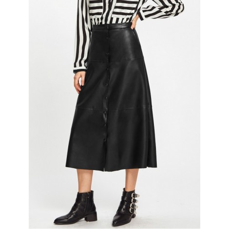 Button Up PU Midi Skirt