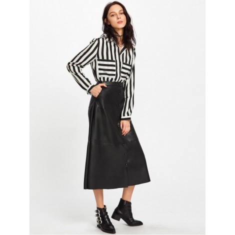 Button Up PU Midi Skirt