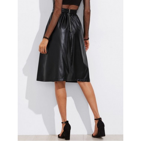 Exposed Zip Back Faux Leather Skirt