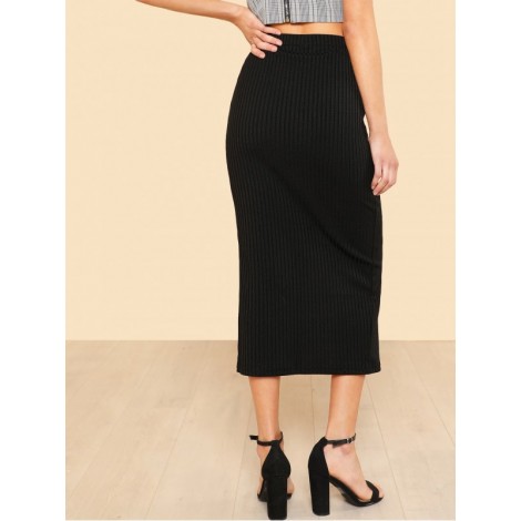 Button Up Ribbed Pencil Skirt