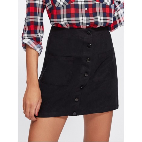 Patch Pocket Front Button Up Skirt