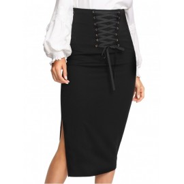 Grommet Lace Up Split Midi Skirt