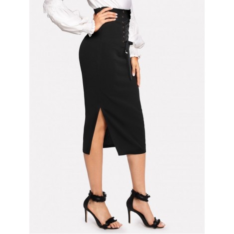 Grommet Lace Up Split Midi Skirt