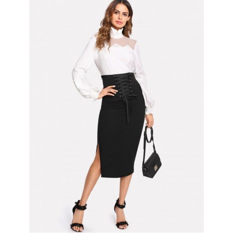 Grommet Lace Up Split Midi Skirt