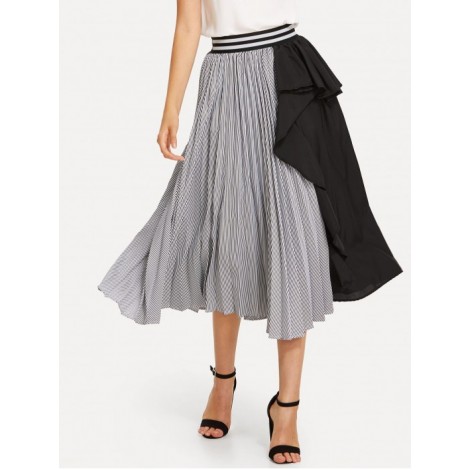 Striped Trim Colorblock Pleated Skirt