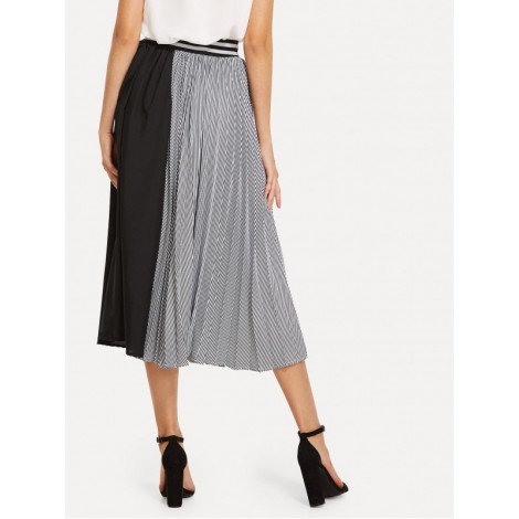 Striped Trim Colorblock Pleated Skirt