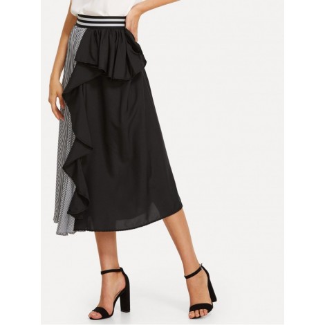 Striped Trim Colorblock Pleated Skirt