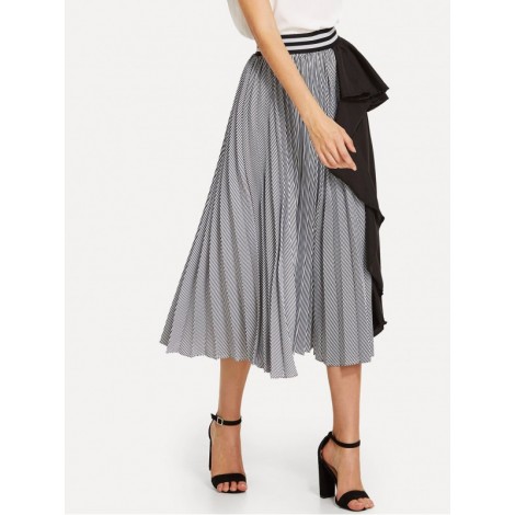 Striped Trim Colorblock Pleated Skirt