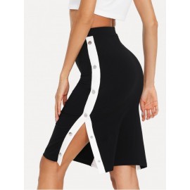 Contrast Snap Button Side Bodycon Skirt