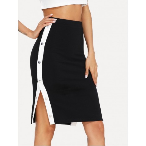 Contrast Snap Button Side Bodycon Skirt