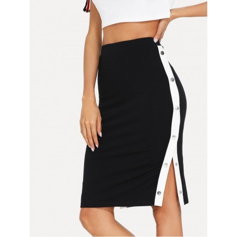 Contrast Snap Button Side Bodycon Skirt