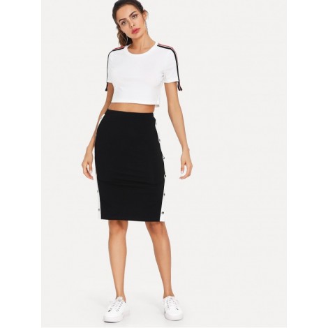 Contrast Snap Button Side Bodycon Skirt