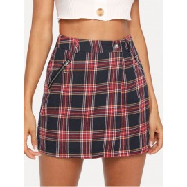 Zipper & Pocket Up Plaid Skirt