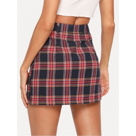 Zipper & Pocket Up Plaid Skirt