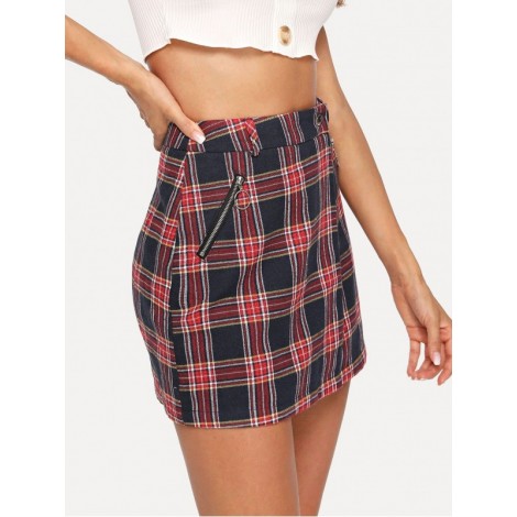 Zipper & Pocket Up Plaid Skirt