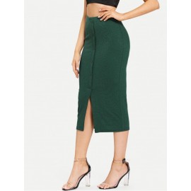 Button Front with Slit Hem Skinny Skirt