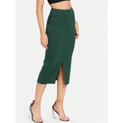 Button Front with Slit Hem Skinny Skirt