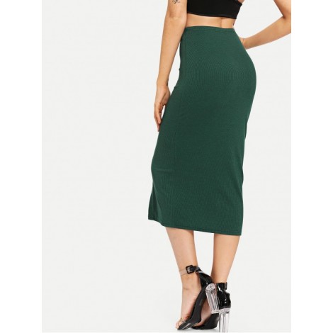 Button Front with Slit Hem Skinny Skirt