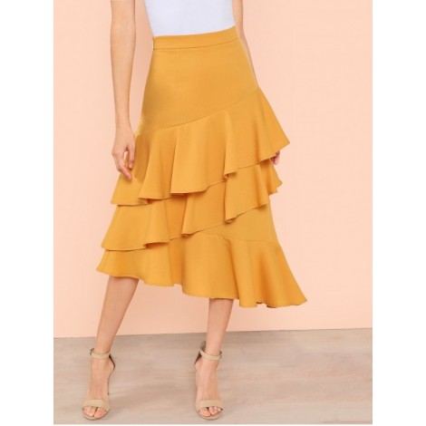 Layered Ruffle Hem Asymmetrical Skirt