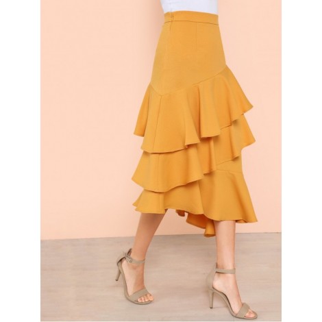 Layered Ruffle Hem Asymmetrical Skirt