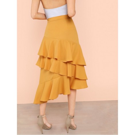 Layered Ruffle Hem Asymmetrical Skirt