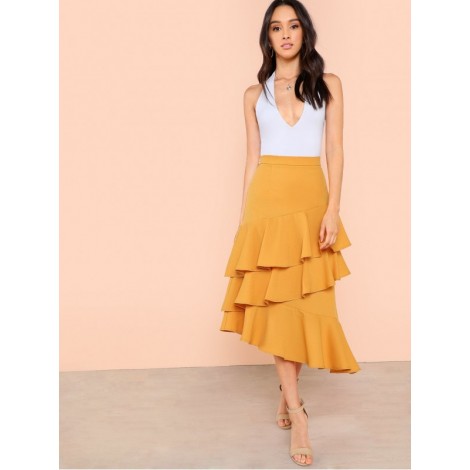 Layered Ruffle Hem Asymmetrical Skirt