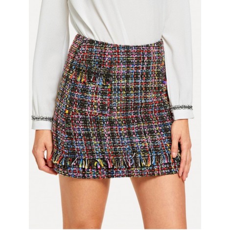 Frayed Detail Tweed Skirt