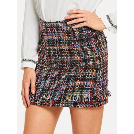 Frayed Detail Tweed Skirt