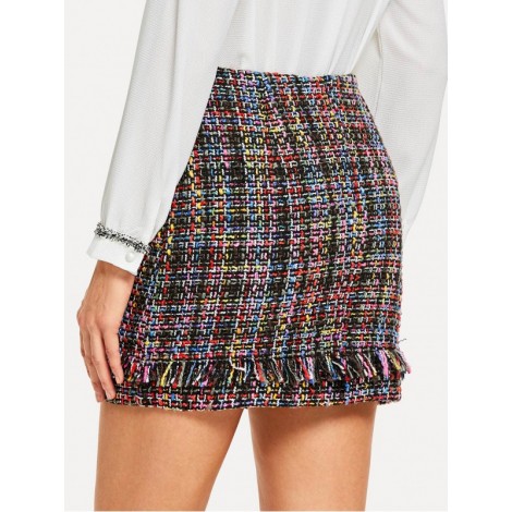 Frayed Detail Tweed Skirt