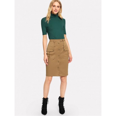 Flap Pocket Button Up Pencil Utility Skirt