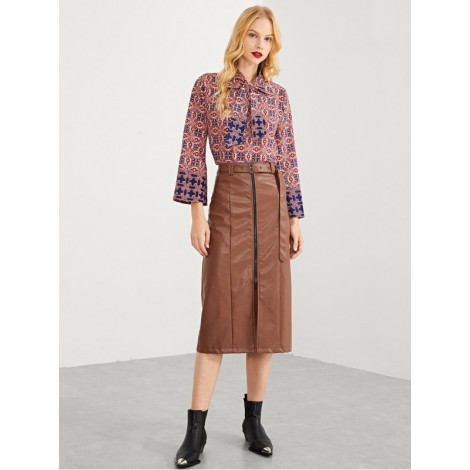 Zip Front Waist Belted Skirt