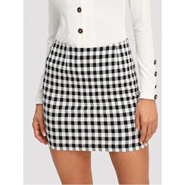 Wide Waistband Plaid Skirt