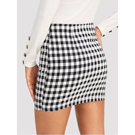 Wide Waistband Plaid Skirt