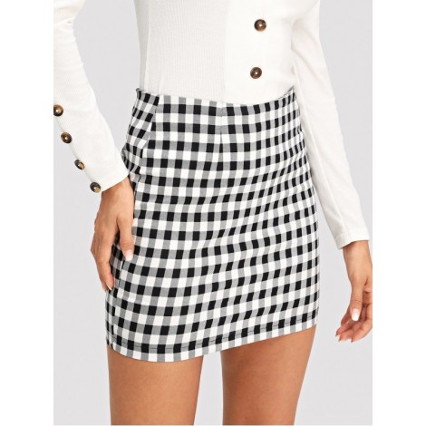 Wide Waistband Plaid Skirt