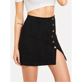 Button Side Split Solid Skirt