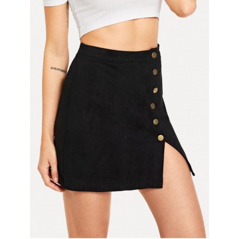 Button Side Split Solid Skirt