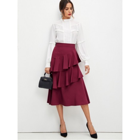 Layered Ruffle Trim Solid Skirt