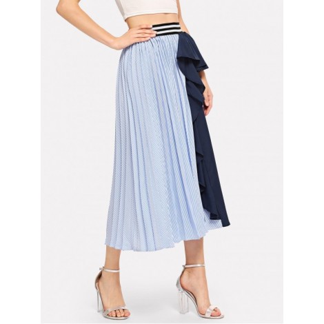 Ruffle Trim Striped Panel Skirt