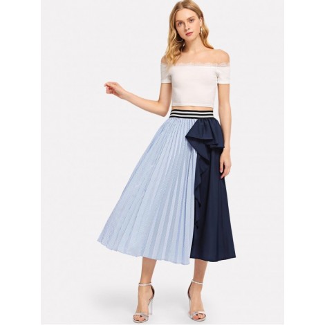 Ruffle Trim Striped Panel Skirt