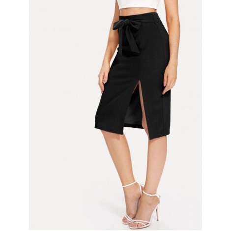 Tie Waist Split Pencil Skirt